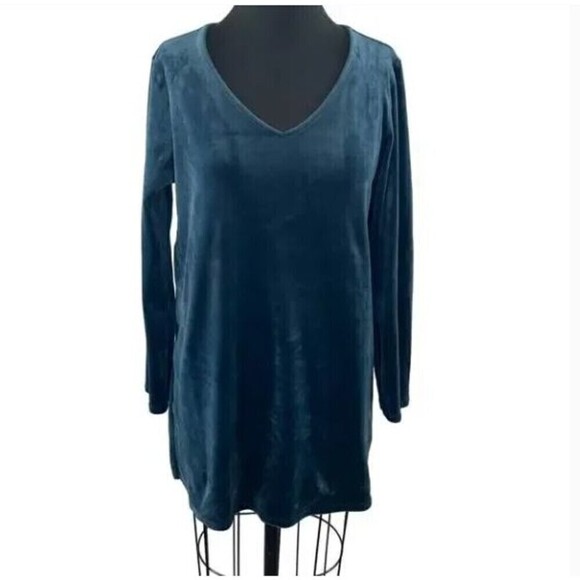 J Jill Pure Jill Velour Tunic Top Size M Teal Long Sleeve Draped Slit V-Neck - Picture 1 of 9